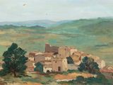 une image d'un tableau représentant un village sur une colline