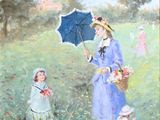 a painting of a woman and a child in a field with an umbrella