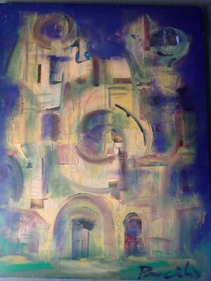 peinture représentant une peinture d'un bâtiment sur lequel figure une horloge