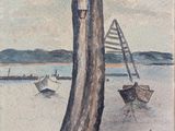 a picture of a painting of a boat on the water