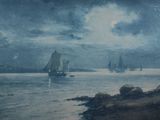 un tableau représentant des voiliers sur l'eau, la nuit