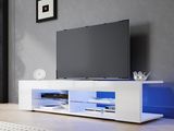 a white entertainment center with a tv on top of it