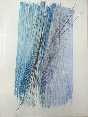 painting of blue and black lines on a white paper with a wooden frame
