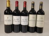 six bottles of red wine are lined up on a counter