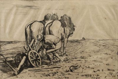 un dessin représentant un homme labourant un champ avec deux chevaux