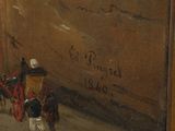a painting of a horse drawn carriage on a city street
