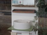une photo d'une salle de bains avec un lavabo et une plante en pot