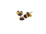 a pair of gold and garnetite earrings on a white background
