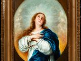 a painting of a woman with a halo in her hands