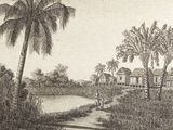 a black and white drawing of a house by the water