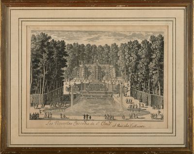 un dessin représentant une vue d'un parc avec une fontaine et des arbres