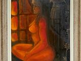 une peinture à l'huile représentant une femme assise sur une chaise, avec un oiseau perché sur son épaule