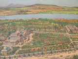 painting of an aerial view of a campus with a lake and mountains in the background