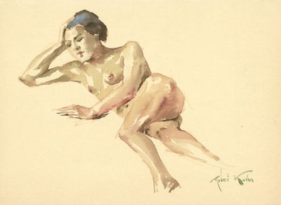 painting of a nude woman sitting on the ground with her hand on her head