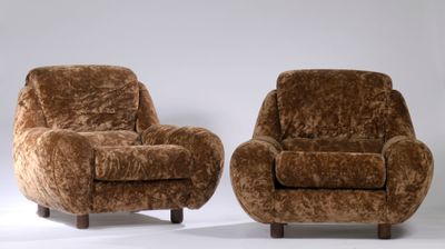 pair of mid century modern lounge chairs in brown chenille upholstered upholstered