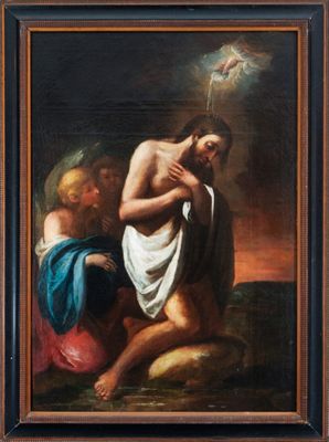 a painting of a man kneeling on a rock next to a woman