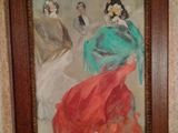 painting of a woman in a red and green dress in a wooden frame