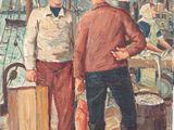 un tableau représentant deux hommes debout sur un quai