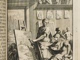 un vieux livre sur lequel figure l'image d'un homme assis devant un chevalet
