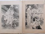 an open book with two illustrations of a woman and a man