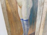 a painting of a nude woman with striped stockings on