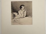 l'image d'un dessin représentant une femme assise sur un lit