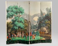 PARAVENT à quatre feuilles en bois marouflé d'un papier pein…