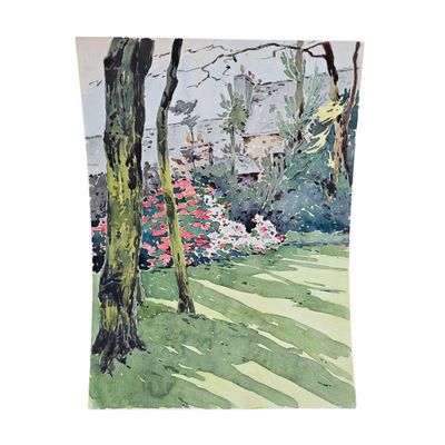 une image représentant un tableau représentant un jardin avec des arbres et des fleurs