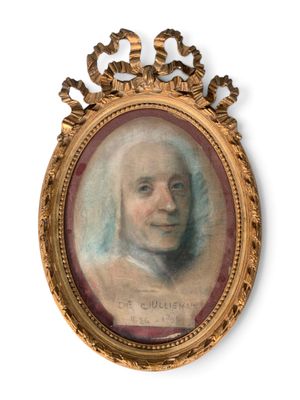 an antique portrait of a man in a gold frame on a white background
