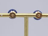 a close up of a pair of blue and gold earrings on a metal pole