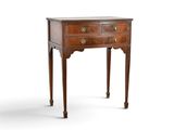 a small wooden table with two drawers and a drawer underneath it