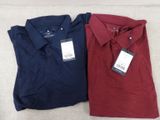 two men ' s polo shirts, one red and the other blue