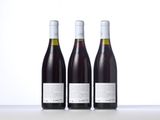 three bottles of wine are lined up on a table