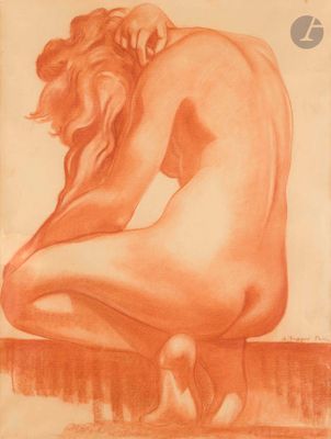 une image représentant une femme nue assise sur un rebord, la tête entre les mains