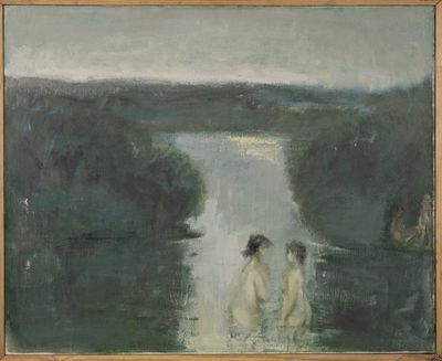 a painting of two women sitting in a body of water