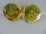 deux assiettes jaunes et vertes ornées de motifs en spirale sur un fond blanc