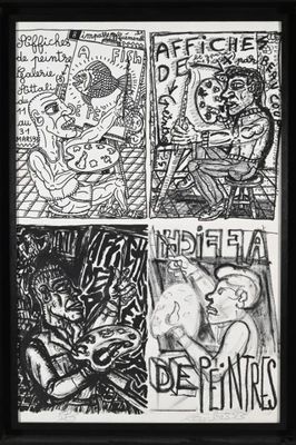 dessin en noir et blanc représentant des bandes dessinées, encadré de noir et accroché au mur