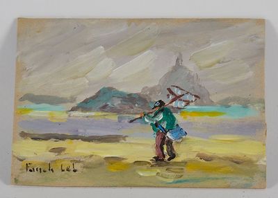 un tableau représentant un homme marchant sur la plage avec un parasol