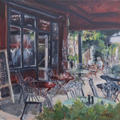 an oil painting of an outdoor cafe with tables and chairs