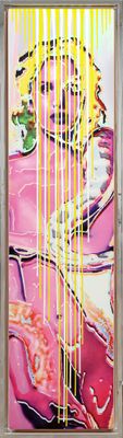 a painting on the wall of a building that has a picture of a woman in a pink dress on it