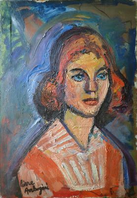 a painting of a woman in a red dress with blue eyes
