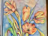 painting of orange tulips in a blue vase on a table