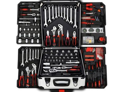 a tool case with many tools in it on a white surface