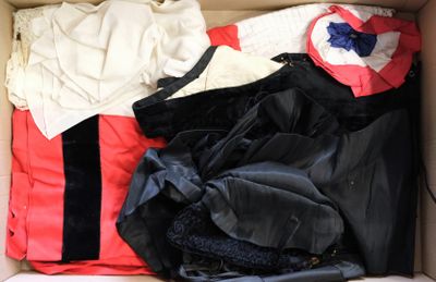 a box full of clothing that is sitting on the floor