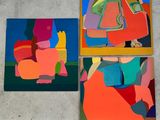 three paintings of a woman sitting on a chair in front of a wall