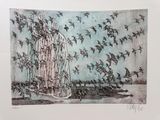 dessin représentant une cage à oiseaux autour de laquelle vole une volée d'oiseaux