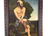 une peinture à l'huile représentant un homme assis sur un rocher, une serviette autour du cou