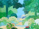 une peinture à l'huile représentant une scène de jardin avec des fleurs et des arbres