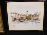 a picture of a watercolor painting of a harbor scene