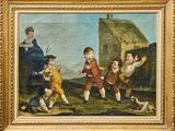 tableau représentant un groupe d'enfants jouant avec un chien dans un champ
